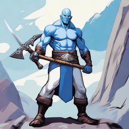 A Goliath character from Dungeons and Dragons, with a bald head, covered in blue war paint, holding a battleaxe