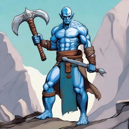 A Goliath character from Dungeons and Dragons, with a bald head, covered in blue war paint, holding a battleaxe