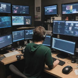 A busy streamer named Kangel swamped with multiple tasks, surrounded by monitors displaying live chat, game screens, and donation notifications.