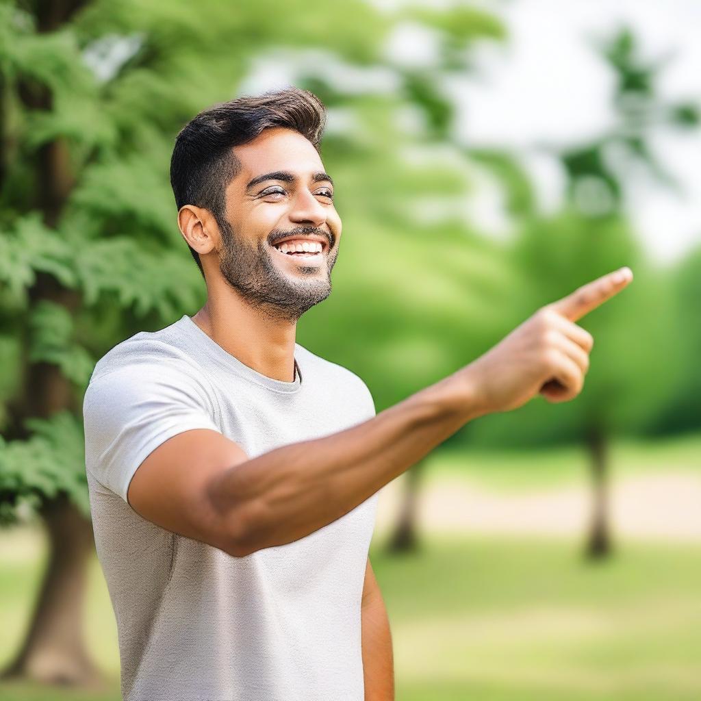 A happy person pointing at something in the distance