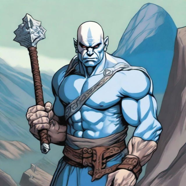 A Goliath character from Dungeons and Dragons, with a bald head, large blue tattoos, holding a battleaxe