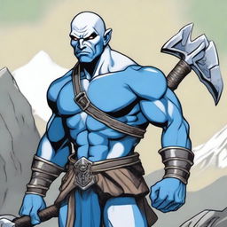 A Goliath character from Dungeons and Dragons, with a bald head, large blue tattoos, holding a battleaxe