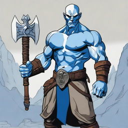 A Goliath character from Dungeons and Dragons, with a bald head, large blue tattoos, holding a battleaxe