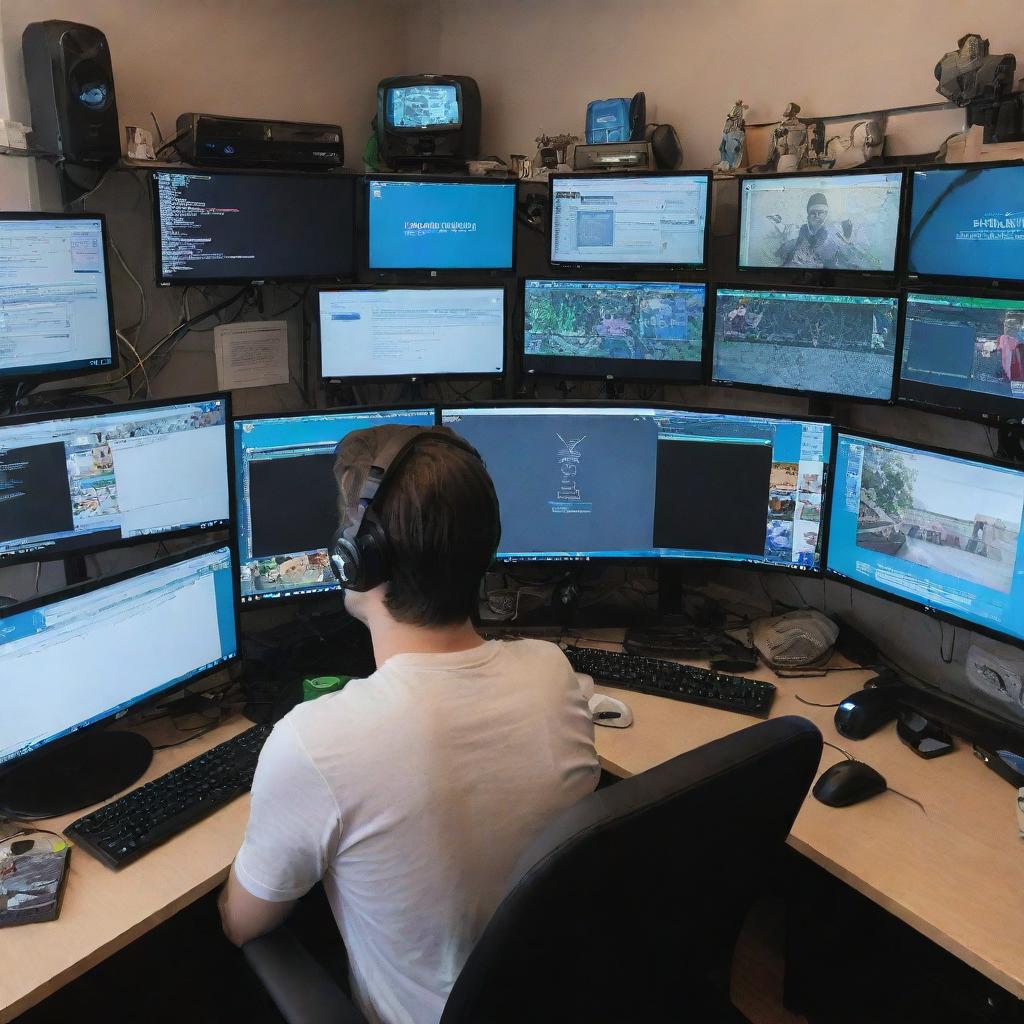 A busy streamer named Kangel swamped with multiple tasks, surrounded by monitors displaying live chat, game screens, and donation notifications.