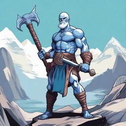 A Goliath character from Dungeons and Dragons, with a bald head, large blue tattoos, holding a battleaxe