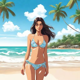 A girl wearing a bikini, standing on a sunny beach with waves gently crashing in the background