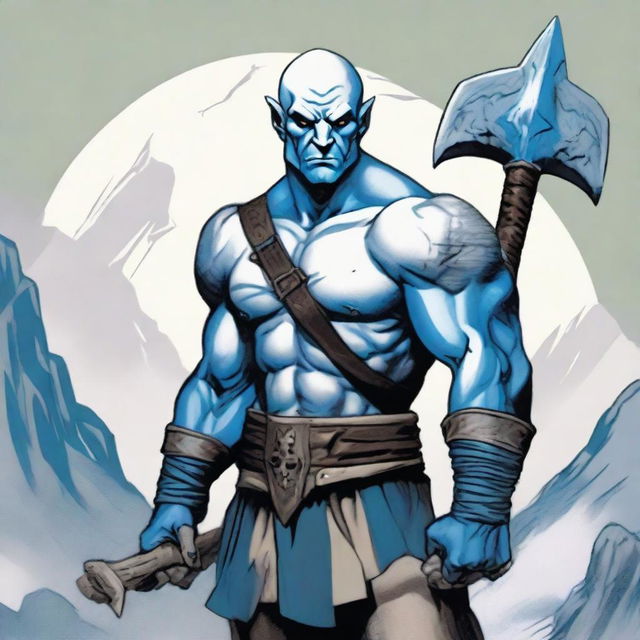 A Goliath character from Dungeons and Dragons, with a bald head, large blue tattoos, holding a battleaxe