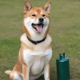 A Shiba Inu dog proudly holding a gas can in its mouth