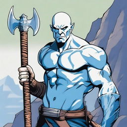 A Goliath character from Dungeons and Dragons, with a bald head, large blue tattoos, holding a battleaxe