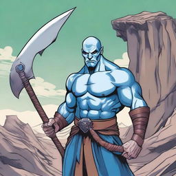 A Goliath character from Dungeons and Dragons, with a bald head, large blue tattoos, holding a battleaxe