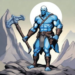 A Goliath character from Dungeons and Dragons, with a bald head, large blue tattoos, holding a battleaxe