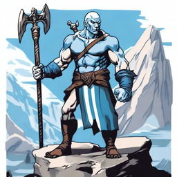 A Goliath character from Dungeons and Dragons, with a bald head, pale white skin, holding a battleaxe