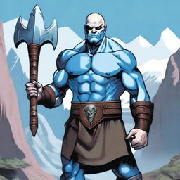 A Goliath character from Dungeons and Dragons, with a bald head, pale white skin, holding a battleaxe