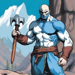 A Goliath character from Dungeons and Dragons, with a bald head, pale white skin, holding a battleaxe