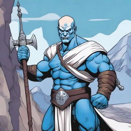 A Goliath character from Dungeons and Dragons, with a bald head, pale white skin, holding a battleaxe