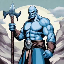 A Goliath character from Dungeons and Dragons, with a bald head, pale white skin, holding a battleaxe