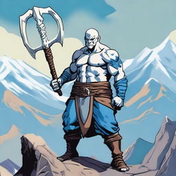 A Goliath character from Dungeons and Dragons, with a bald head, pale white skin, holding a battleaxe