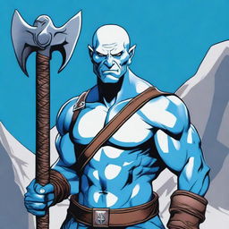 A Goliath character from Dungeons and Dragons, with a bald head, pale white skin, holding a battleaxe