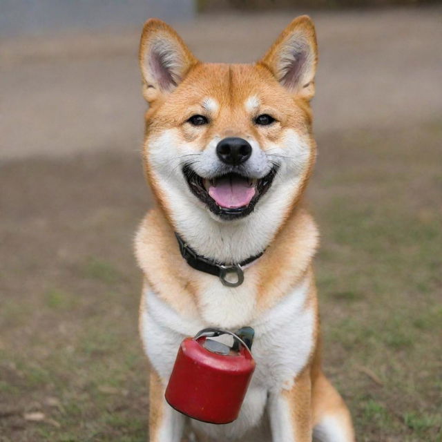 A Shiba Inu dog proudly holding a gas can in its mouth