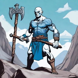 A Goliath character from Dungeons and Dragons, with a bald head, pale white skin, holding a battleaxe