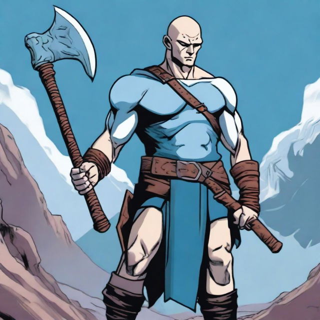 A Goliath character from Dungeons and Dragons, with a bald head, pale white skin, holding a battleaxe