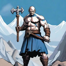 A Goliath character from Dungeons and Dragons, with a bald head, pale white skin, holding a battleaxe