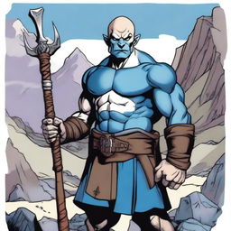 A Goliath character from Dungeons and Dragons, with a bald head, pale white skin, holding a battleaxe