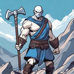 A Goliath character from Dungeons and Dragons, with a bald head, pale white skin, holding a battleaxe