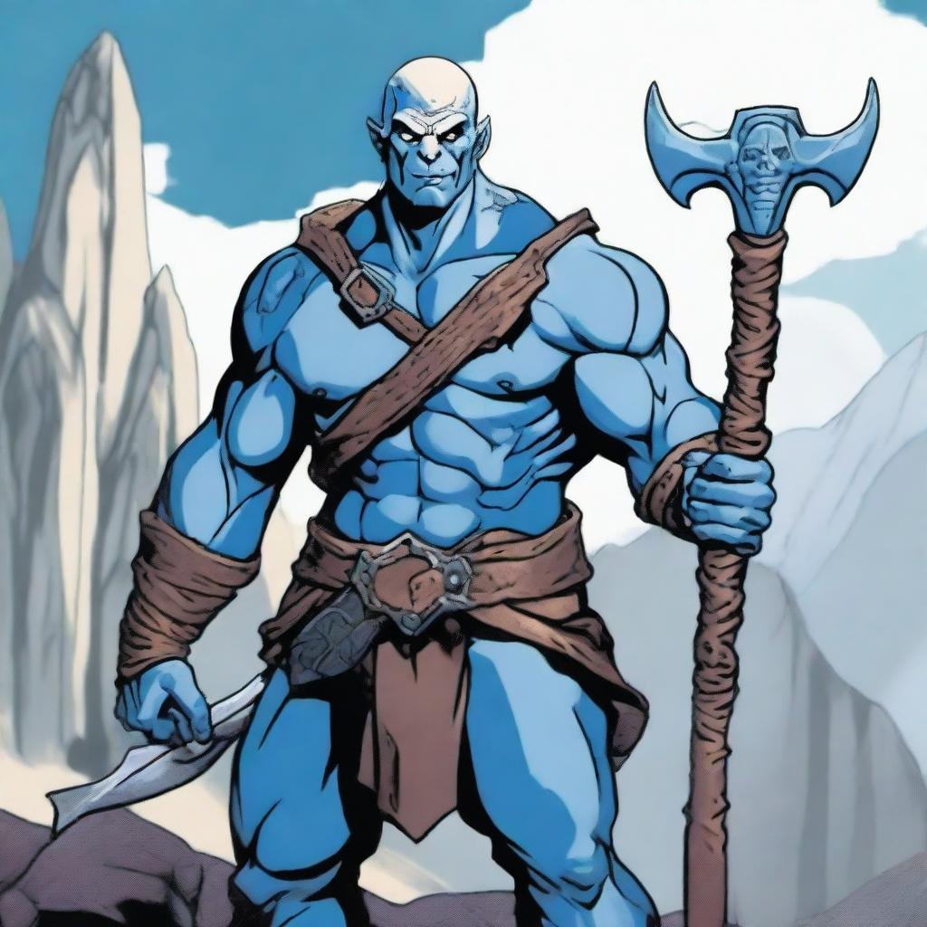 A Goliath character from Dungeons and Dragons, with a bald head, pale white skin, holding a battleaxe