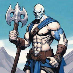 A Goliath character from Dungeons and Dragons, with a bald head, pale white skin, holding a battleaxe