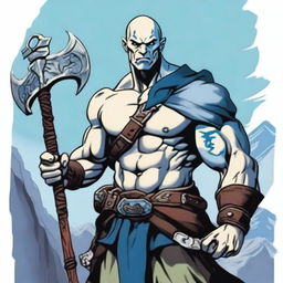 A Goliath character from Dungeons and Dragons, with a bald head, pale white skin, holding a battleaxe