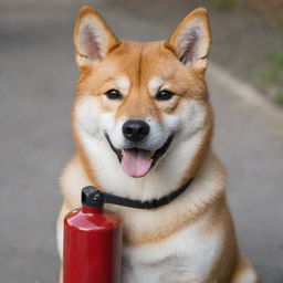 A Shiba Inu dog proudly holding a gas can in its mouth