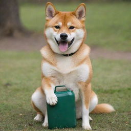 A Shiba Inu dog proudly holding a gas can in its mouth