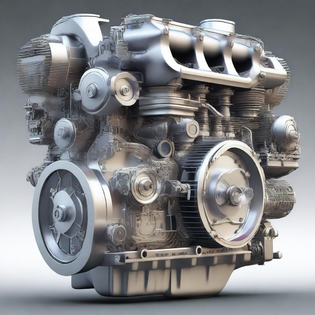 A detailed illustration of a modern motor engine, showcasing its intricate components and mechanical parts