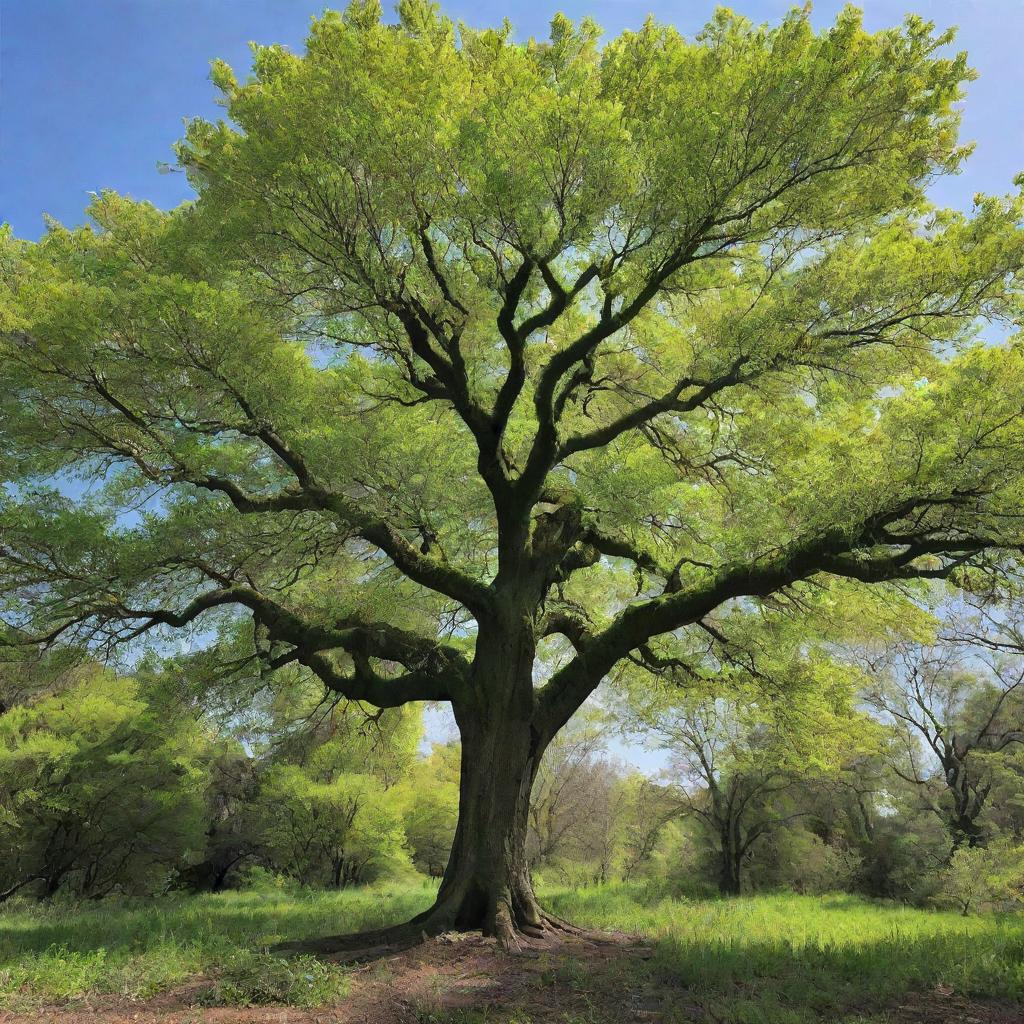 A vibrant tree in the middle of growth, its branches reaching out towards the sky, leaves bursting with vivid green hues, under a bright, sunny day.