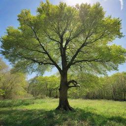 A vibrant tree in the middle of growth, its branches reaching out towards the sky, leaves bursting with vivid green hues, under a bright, sunny day.