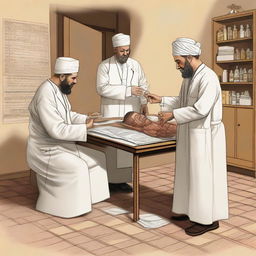 A detailed and educational illustration depicting the medical learning and practice in Iraq