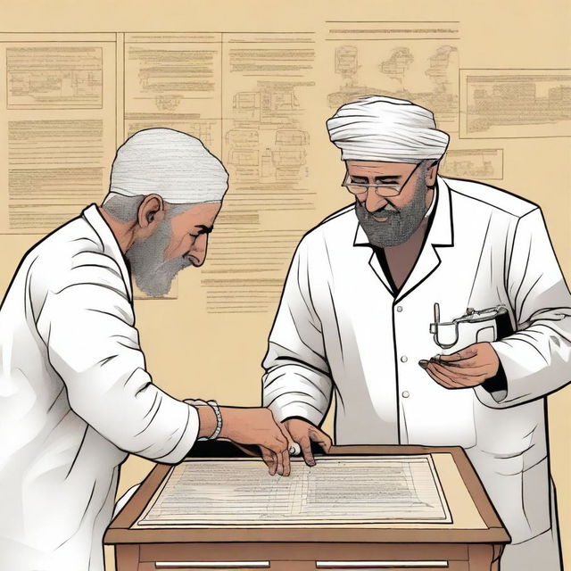 A detailed and educational illustration depicting the medical learning and practice in Iraq