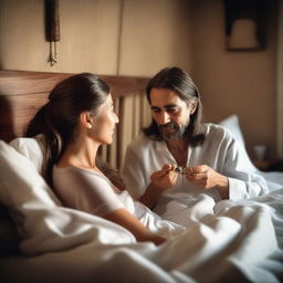 A woman with long hair is giving medicine to her bedridden husband