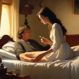 A woman with long hair is giving medicine to her bedridden husband