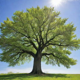 A vibrant tree in the middle of growth, its branches reaching out towards the sky, leaves bursting with vivid green hues, under a bright, sunny day.