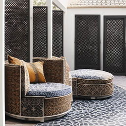 Elegant outdoor seating fashioned from the sophistication of Arabic lines and patterns, with plush cushions, strong geometric motifs, and detailed designs in opulent colors.