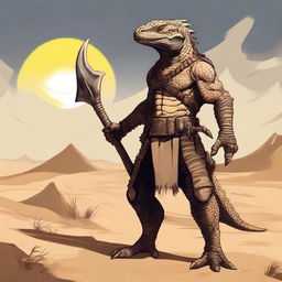 A fierce desert lizardfolk barbarian standing tall in an arid, sandy landscape