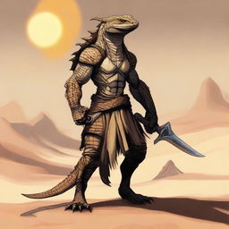 A fierce desert lizardfolk barbarian standing tall in an arid, sandy landscape