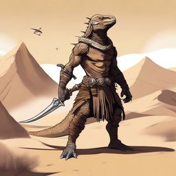 A fierce desert lizardfolk barbarian standing tall in an arid, sandy landscape