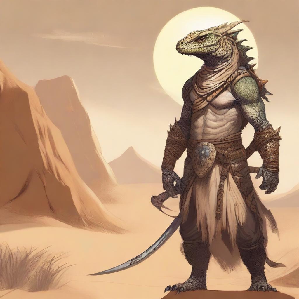 A fierce desert lizardfolk barbarian standing tall in an arid, sandy landscape