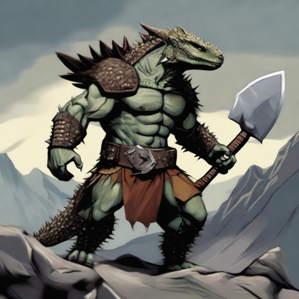 A fierce spiky lizardfolk barbarian standing in a battle-ready pose