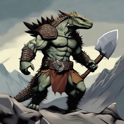 A fierce spiky lizardfolk barbarian standing in a battle-ready pose