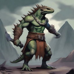 A fierce spiky lizardfolk barbarian standing in a battle-ready pose