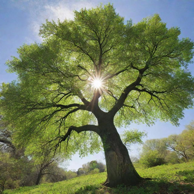 A vibrant tree in the middle of growth, its branches reaching out towards the sky, leaves bursting with vivid green hues, under a bright, sunny day.